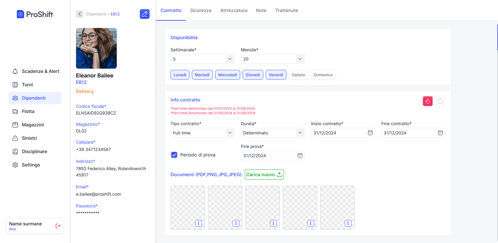 Scheda dipendente in ProShift con disponibilità, dati contrattuali e documenti