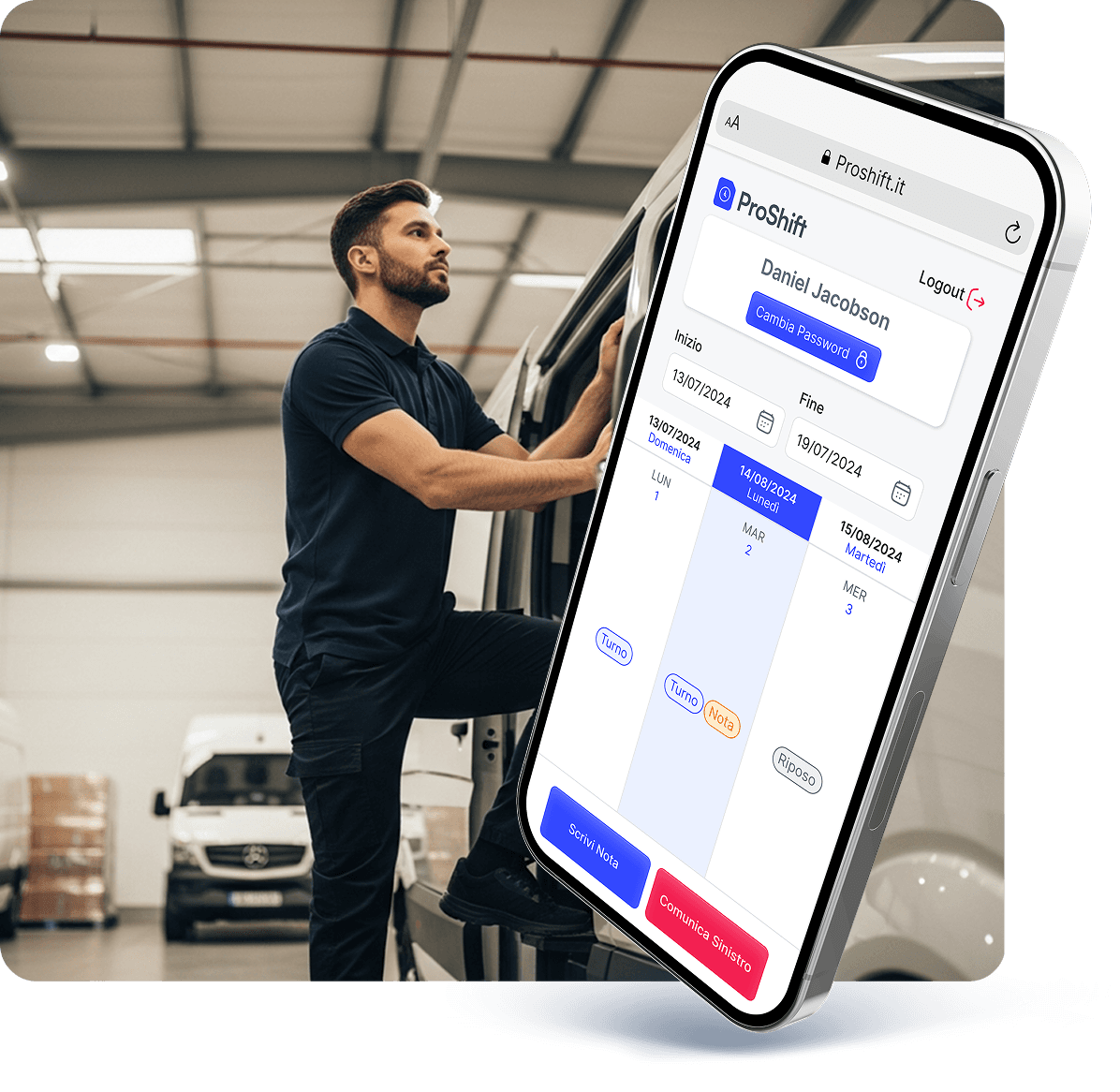 Driver in magazzino accanto al furgone con la webapp ProShift aperta sullo smartphone